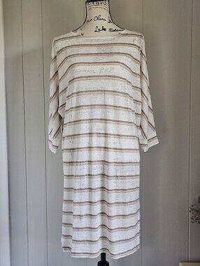 Garnet Hill Organic Linen Striped Knit Shift Dress in White and Light Brown, XL